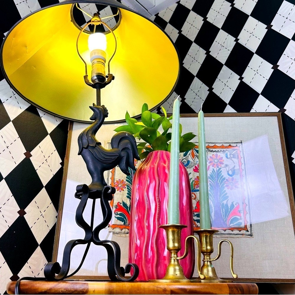 Wrought Iron Rooster Lamp French Country w/‎ Original Black Gold Shade Farmhouse - Picture 6 of 11